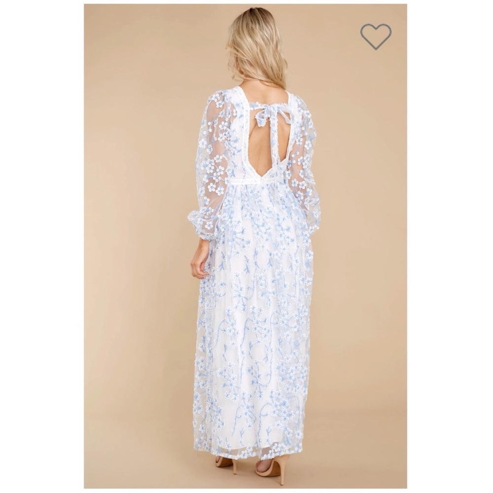 Blue and white floral embroidered maxi dress.